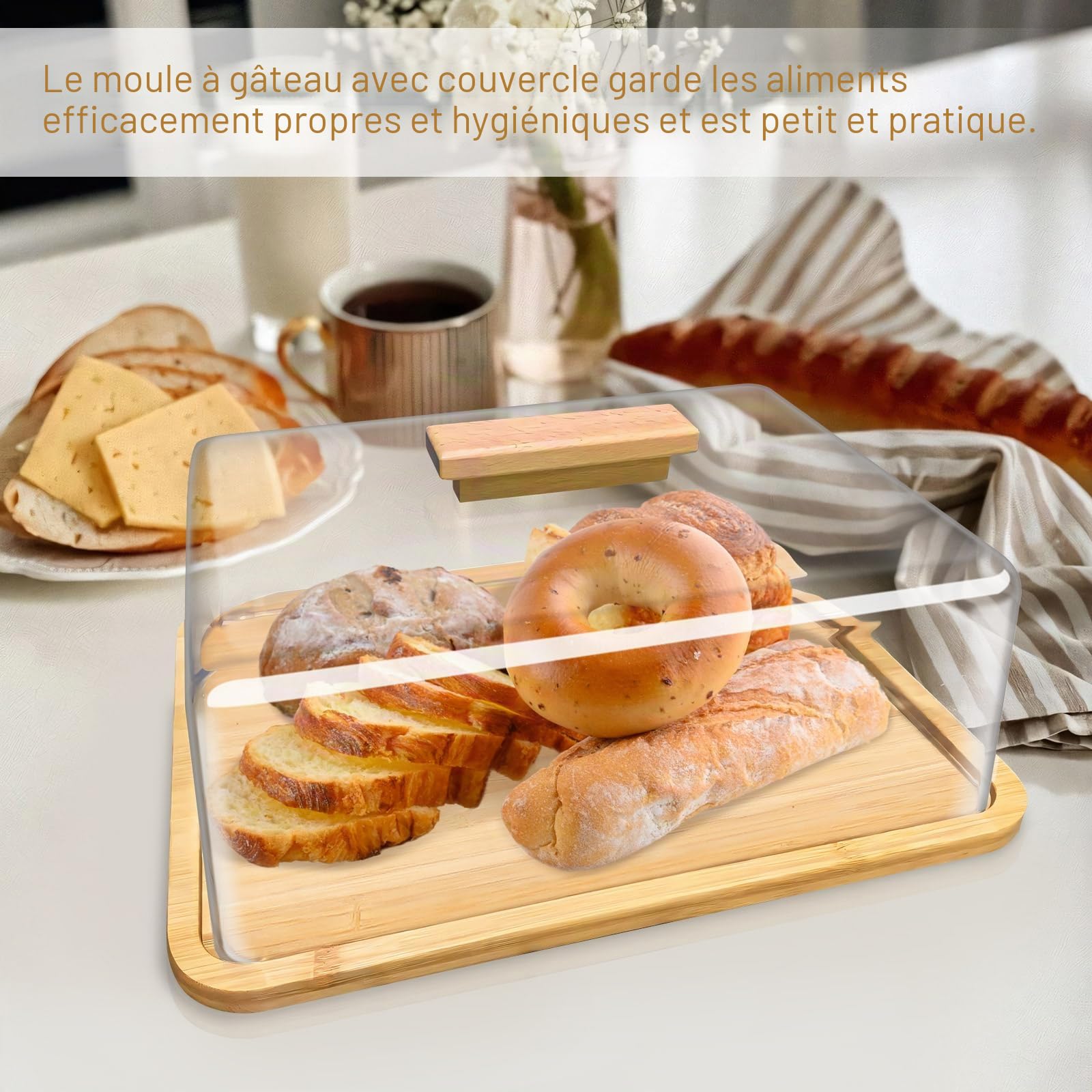 Présentoir à Gâteau, 36x27x12cm (LxlxH) Cloche Gateau en Bambou avec Transparent Dôme en Acrylique, Presentoir Gateau pour Dessert, Pâtisserie, Gâteau, Fromage, Rectangulaire