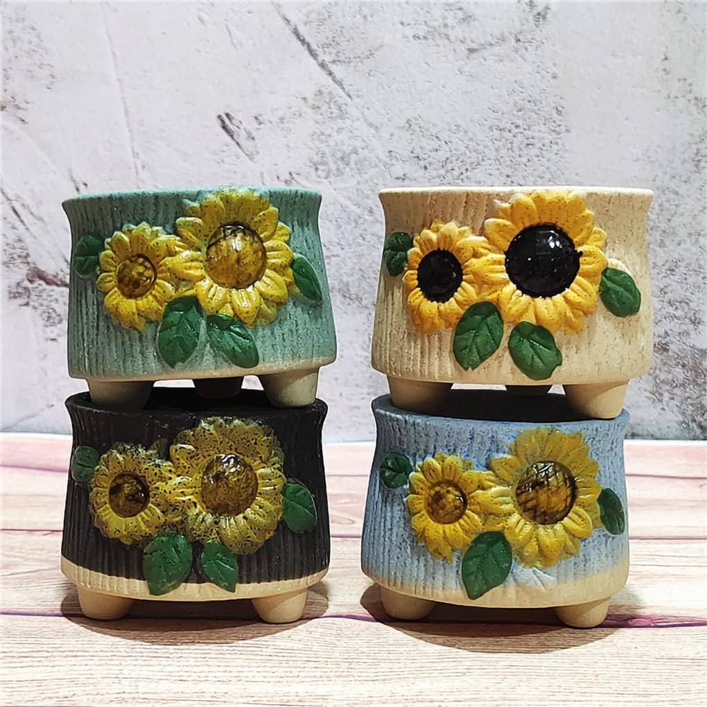 WAIT FLY Lovely Embossed Sunflower Ceramic Succulent Planters with Drainage Hole Cactus Plant Pot Flower Pot Container Planter for Home Office Garden Decoration-Round-A-Set of 4