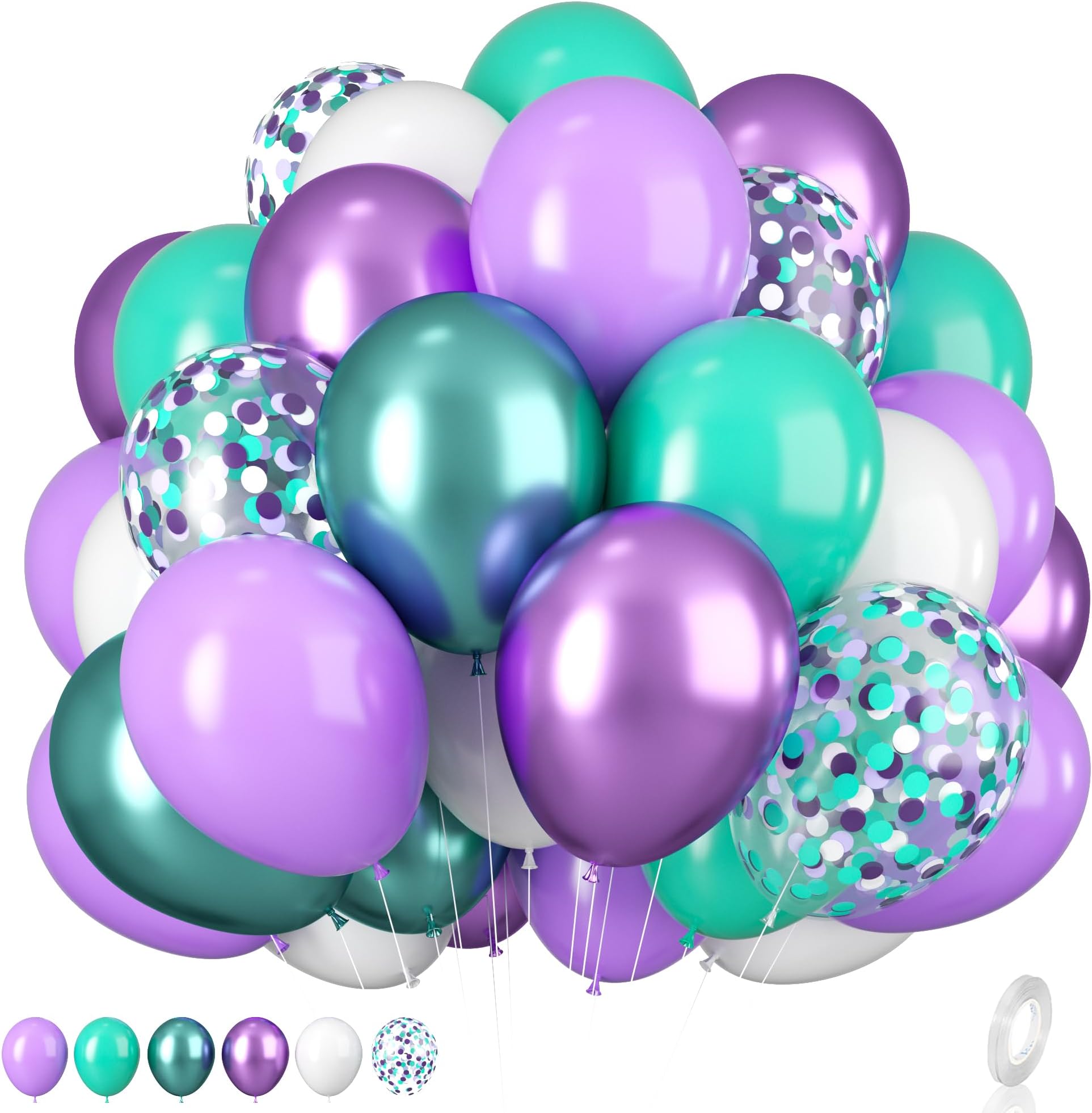 Biapian Mermaid Balloons, 12 Inches Purple Green Teal White Metallic Confetti, 30 Pieces for Girls Birthday Party Baby Shower Under The Sea Decorations