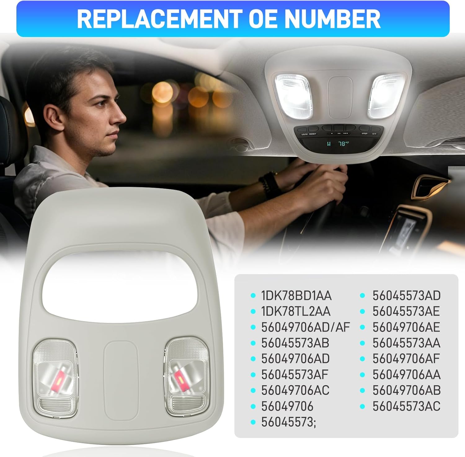 Overhead Console Dome Light, Upgraded LED Map Reading Lights Lamp Replacement Compatible with 2002-2010 Dodge Ram 1500 2500 3500 4500 5500 Replaces #1DK78BD1AA 1DK78TL2AA (Gray)