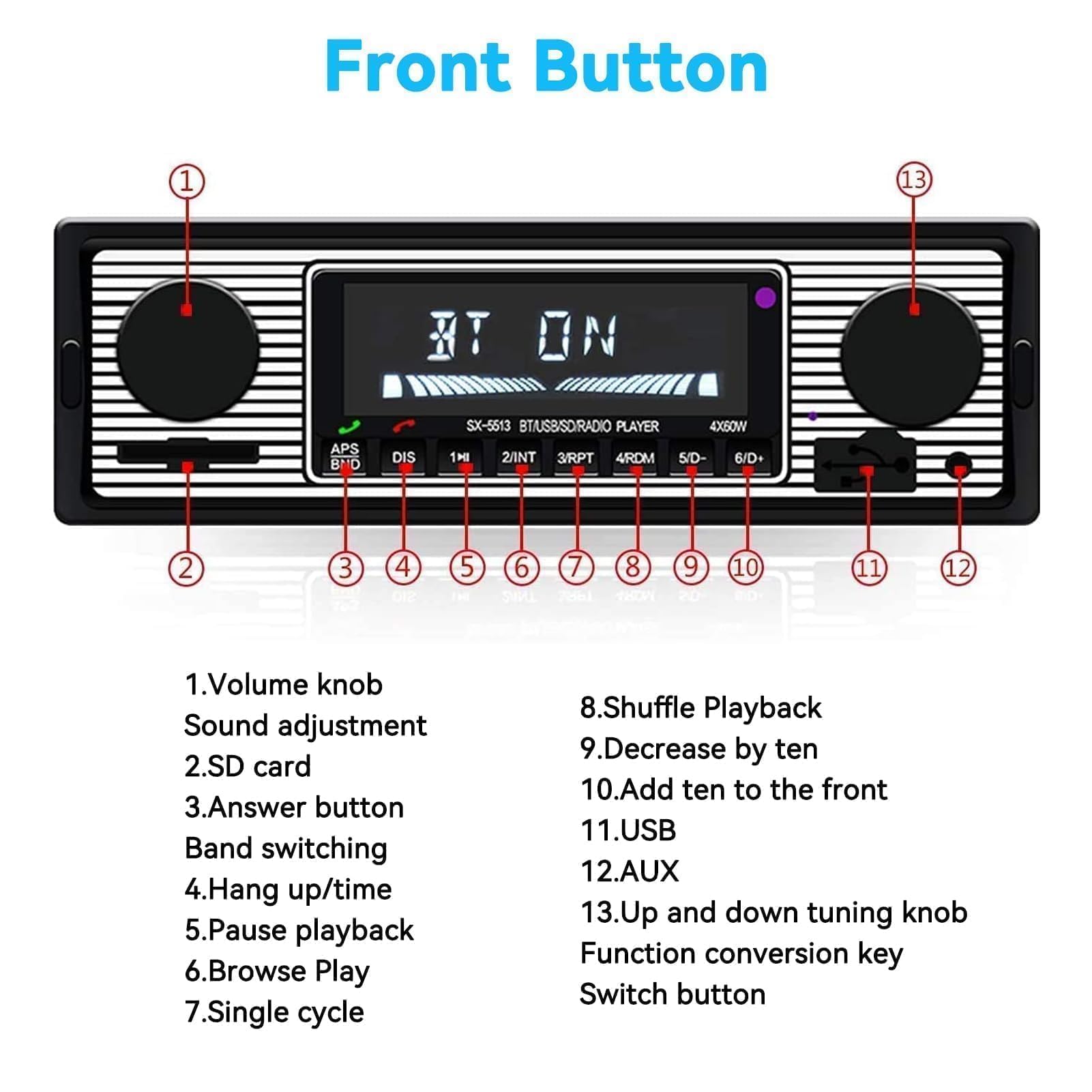Classic Car Stereo Bluetooth Car Radio 2 Knob Single Din 60WX4 FM Freisprecheinrichtung Autoradio Oldtimer MP3 AUX USB U-Disk Audio mit Fernbedienung