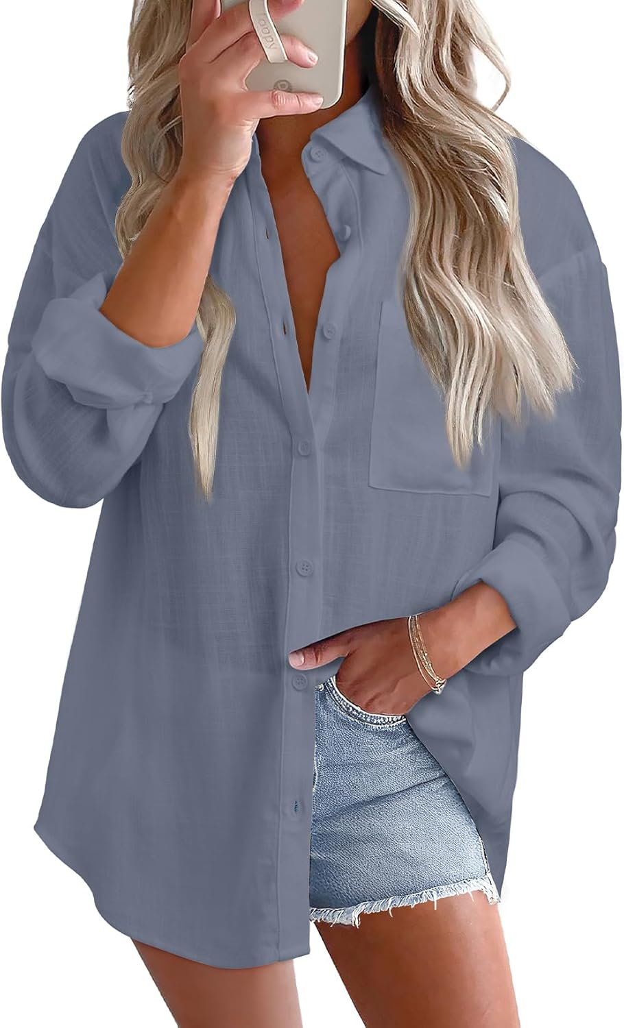 Astylish Women 2026 Loose Fit Tops Cotton Linen Button Down Shirts Collared Roll Up Long Sleeve V Neck Blouses