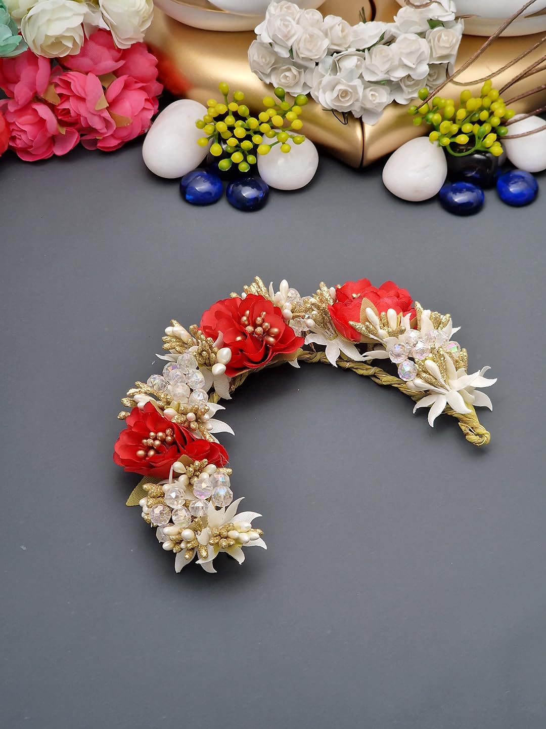 Bridal Hair Gajra with Roses, Crystal Beads and Gold Accents, Handcrafted Hair Accessory, Wedding Flower Hair Gajra for Women and Bridal (Red) Bridal Hair Gajra with Roses, Crystal Beads and Gold Accents, Handcrafted Hair Accessory, Wedding Flower Hair Gajra for Women and Bridal (Red)