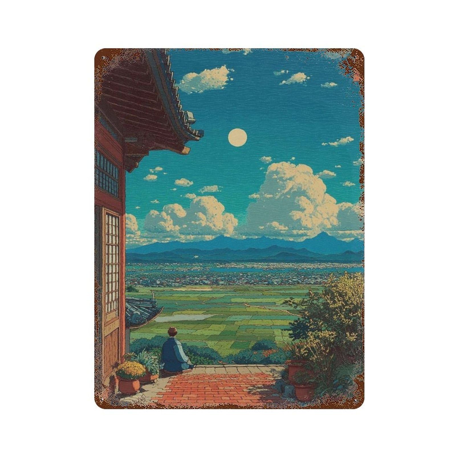 xiaoxiaoshen Japanese Landscape – Serene Countryside View Moonlit Sky with Temple And Rice Fi Wall Decor Art Metal Tin Poster Modern Home Decor Art Home Bar Shop Decorations Vintage Sign 40x30cm