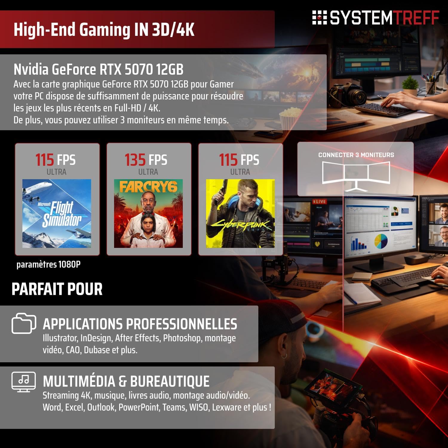 SYSTEMTREFF PC Gamer High-End - AMD Ryzen 7 7800X3D - RTX 5070 12 Go | AMD 8 cœurs jusqu'à 5 GHz, 32Go DDR5, 1To M.2 NVMe SSD, Nvidia graphique WiFi, Windows 11, pour le gaming, streaming
