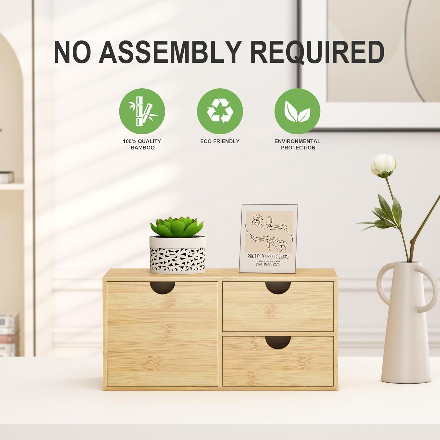 Desk Organizer With Drawers - Bamboo Wood Desktop Mail Organizer Storage Box for Office Home Bathroom Vanity Dresser Top, No Assembly Required (3 Drawer with Big Drawer)