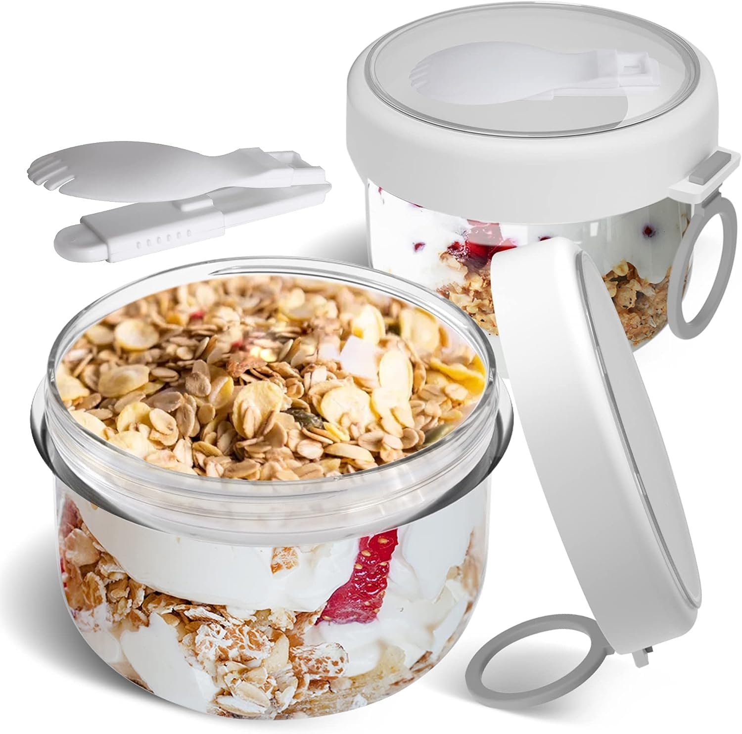 Overnight Oats Containers with Spoons,20oz Portable Yogurt Jars,Leak-proof Oatmeal Container To Go,Snack Prep Containers Dessert Cups for Milk, Fruit, Cereal and Salad Storage (White-2pcs)