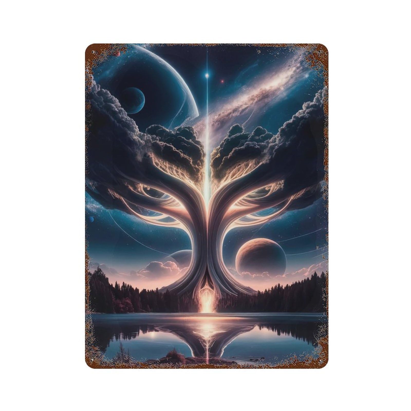 Celestial Tree Vintage Rust Metal Sign 15.7"x11.8", Classic Wall Plaque for Basement, Hobby Room And Garage Decor