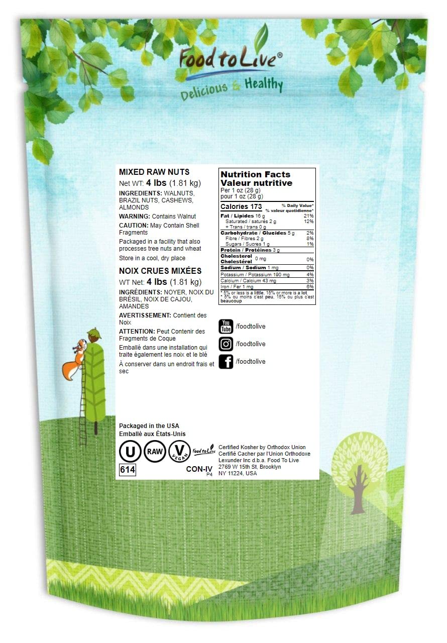 Food to Live - Mixed Raw Nuts, 4 Pounds Cashews, Brazil Nuts, Walnuts, Almonds, Unsalted, Raw, Kosher, Vegan, Bulk