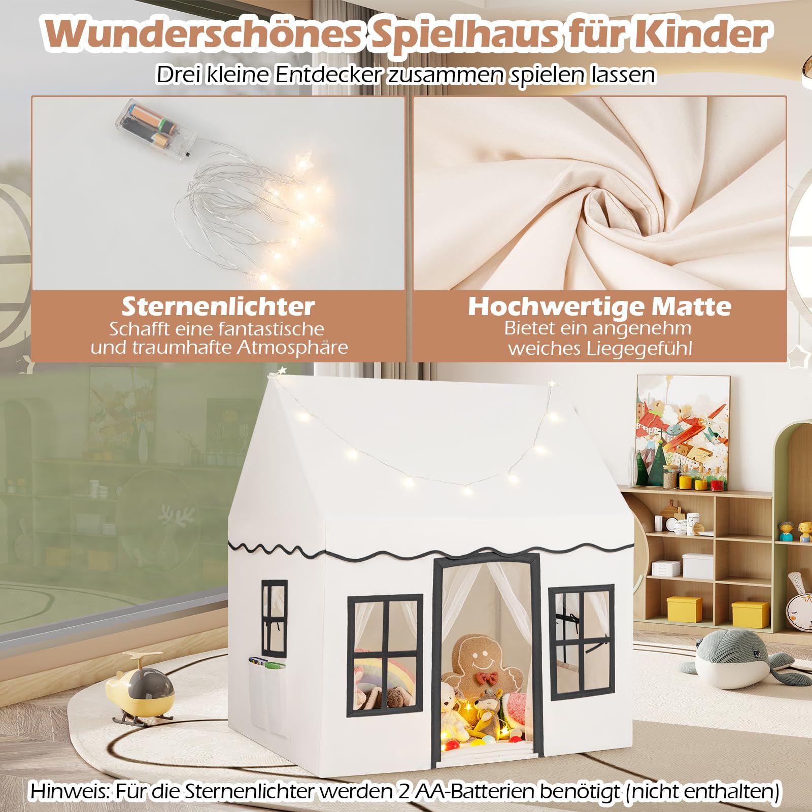 COSTWAY Kinderspielhaus mit Sternenlichtern, Prinzessin Prinzess Kinderzelt mit Fenstern & Netzvorhängen, Kinderspielzelt Spielzelt Spielhaus für Jungen und Mädchen (Beige)