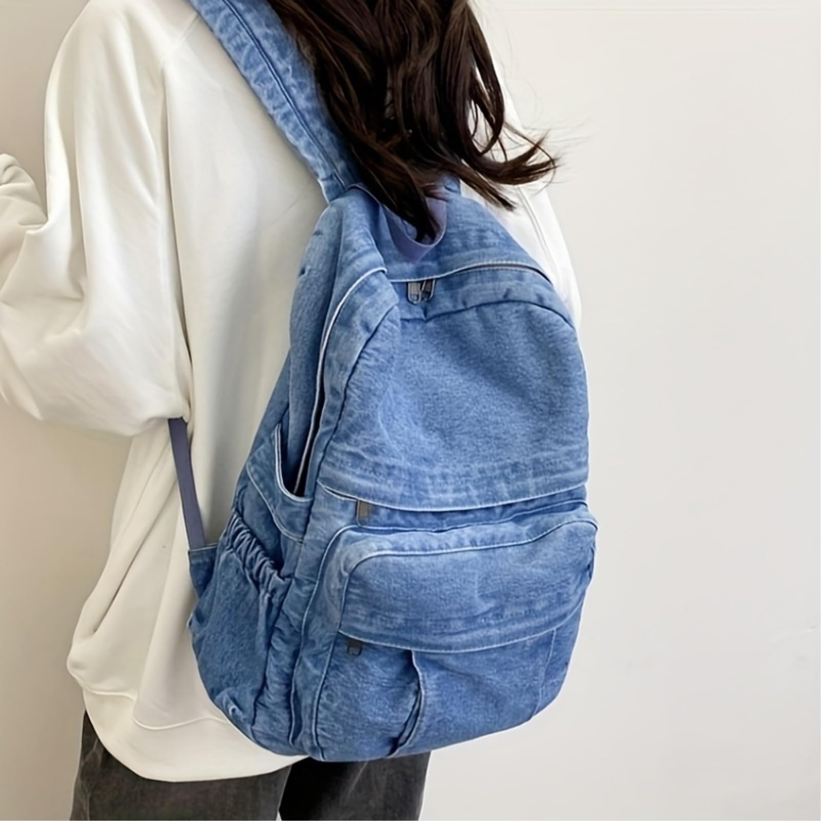 Zaino da Viaggio Borsa di Versatile - in Denim Stile Vintage per Le Donne Grande capacità Adatto Gli Studenti delle Scuole Superiori E Universitarie-Light Blue