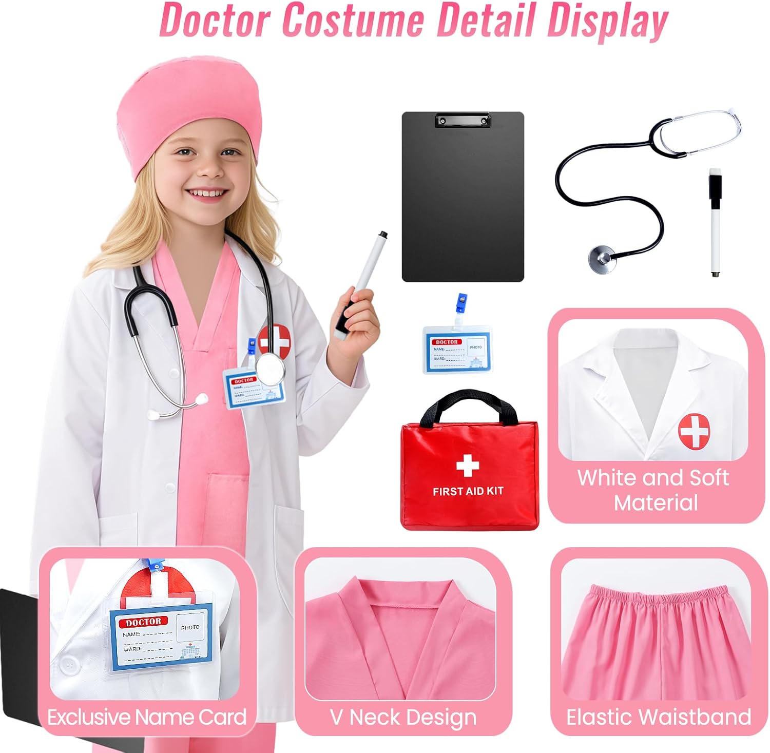 Doctor Costume for Kids with Realistic Stethoscope Career Day and Halloween Kids Scrubs for Girls Costume - Image 2