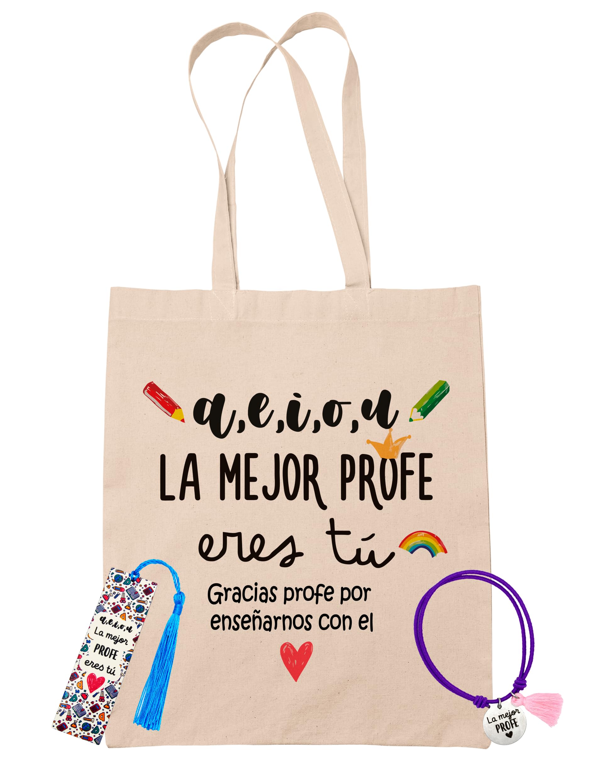 Pack Profe Regalo Fin de Curso Tote Bag Marcapágina Pulsera