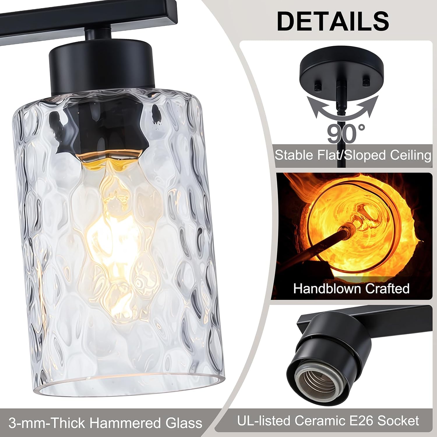 Black Hammered Glass Pendant Lights Kitchen Island Lighting, 3-Light Farmhouse Dining Room Light Fixture Chandelier Over Table, Island Lights for Kitchen Pendant Light Fixtures over Sink Bathroom Bar