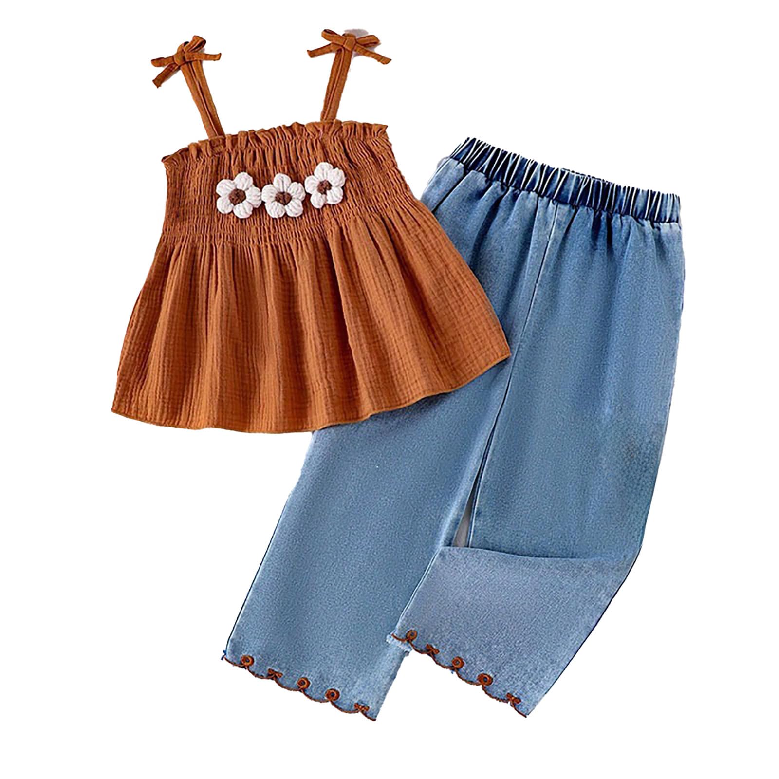 Conjunto de verano para niñas de tirantes con encaje bordado y vaqueros #51 8