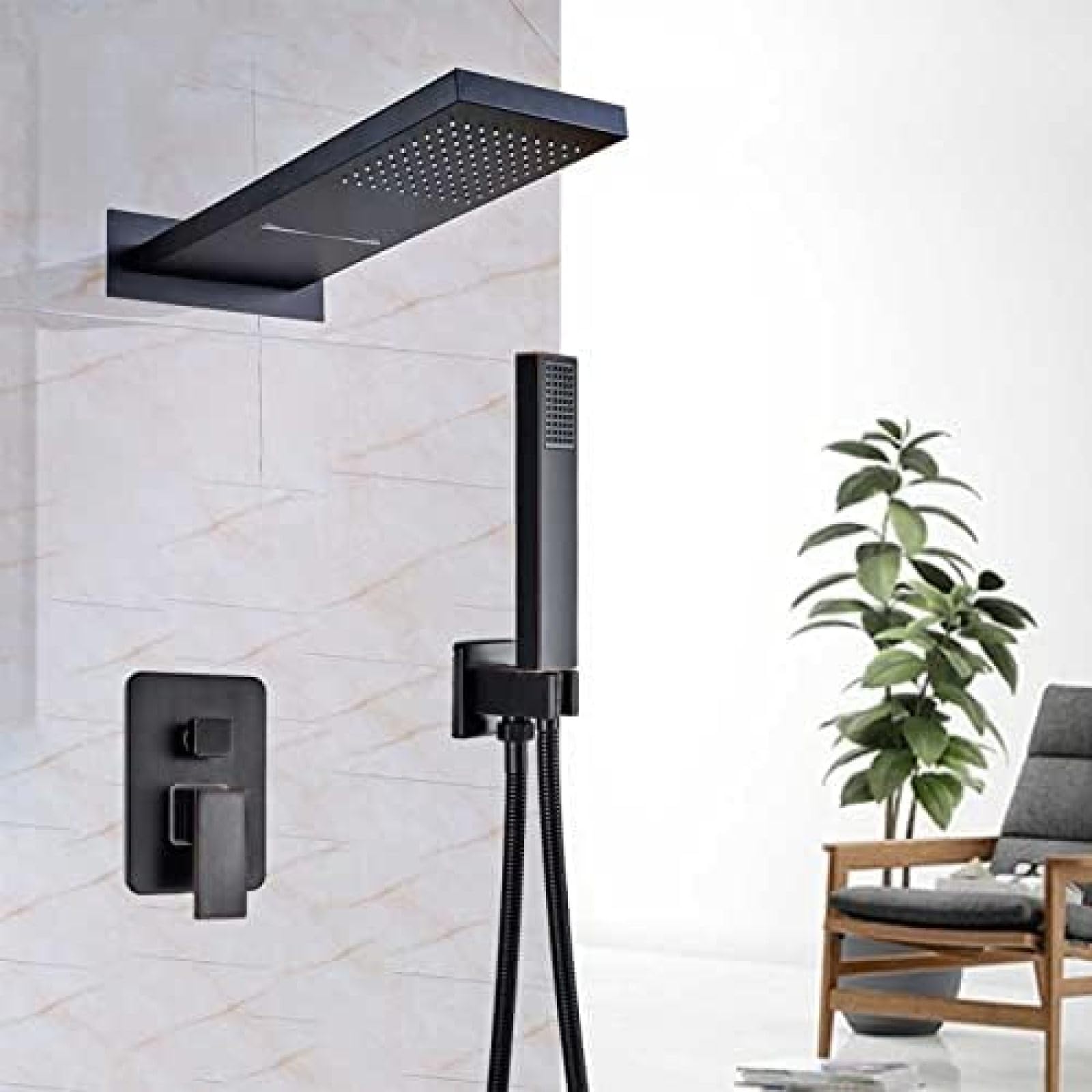 GLJTUO Chrome Waterfall Rain Shower Faucet Set Plastic Handshower in Wall Shower Column 3-Ways Brass Mixer Valve Shower Tap,Matte Black,Chrome,Matte Black