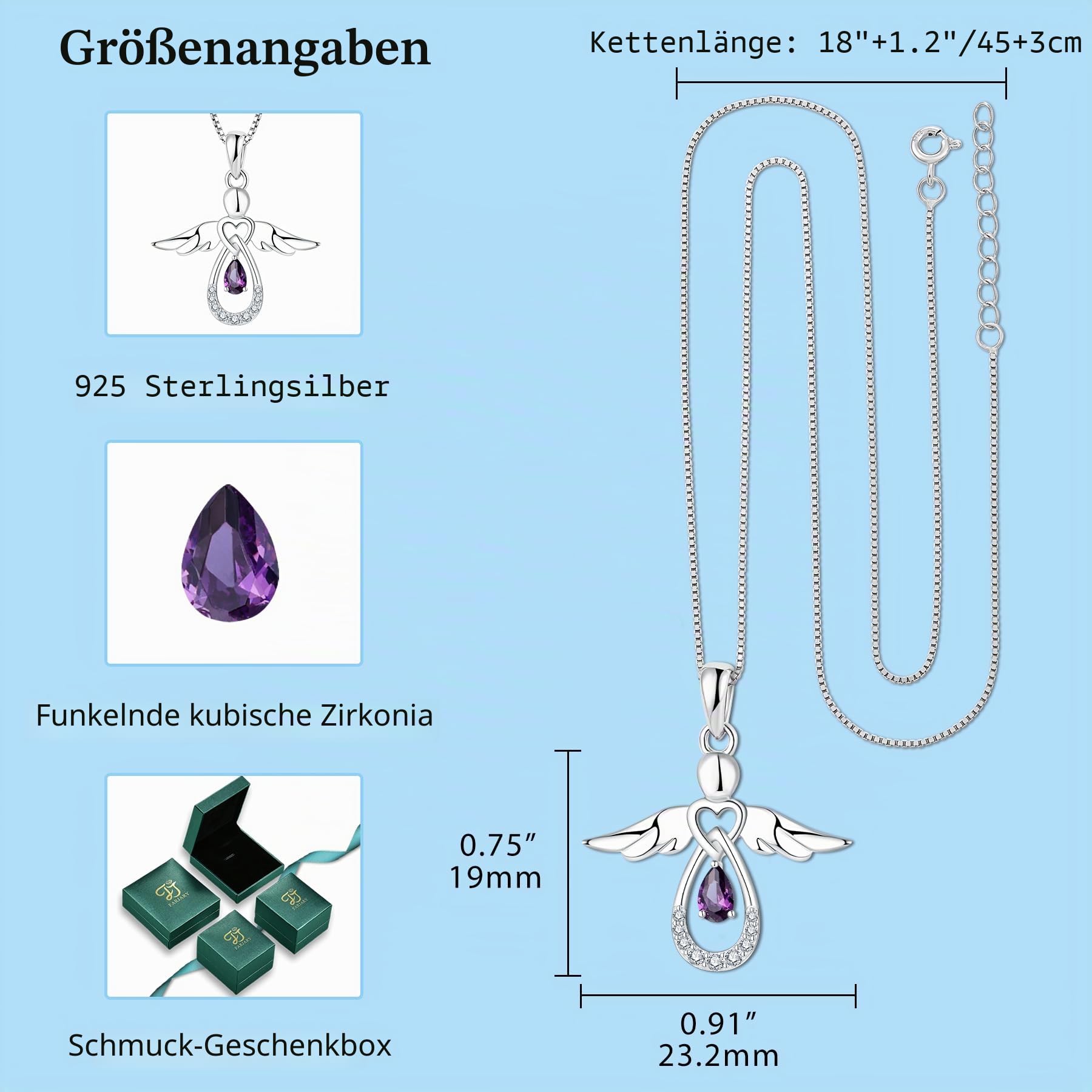 FJ Damen Kette Schutzengel Anhänger Halskette 925 Sterling Silber Engel Kette mit Geburtsstein Zirkonia Schmuck Geschenke für Frauen Mädchen