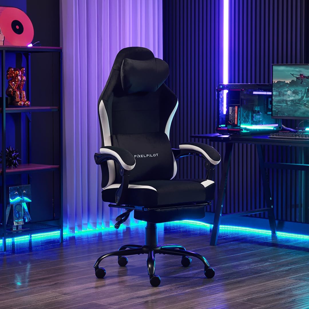 PixelPilot Silla de gaming con reposapiés, silla ergonómica para gaming, de tela transpirable, asiento ancho, soporte lumbar, soporta hasta 150 kg, color negro