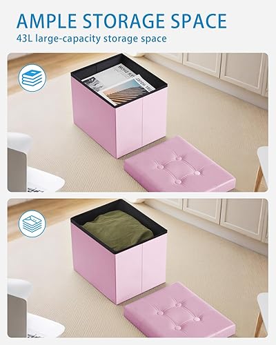 Miniatura 26 de Taburete otomano de almacenamiento, otomana plegable de 17 pulgadas con almacenamiento, banco de almacenamiento de terciopelo con bolsillo lateral,