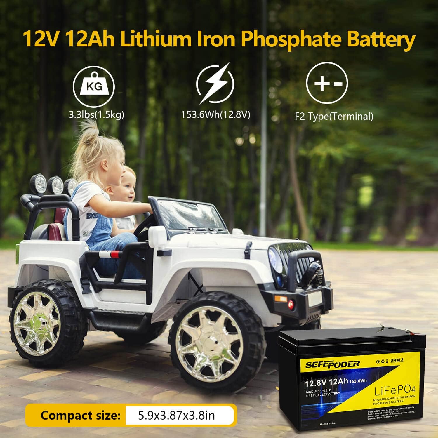 SEFEPODER 12V 12Ah LiFePO4 Lithium Battery, 2000+ Deep Cycle Lithium Iron Phosphate Rechargeable Battery for Solar, Lighting, Scooters, Power Wheels, Fish Finder, Outdoor Camping etc. Built-in BMS
