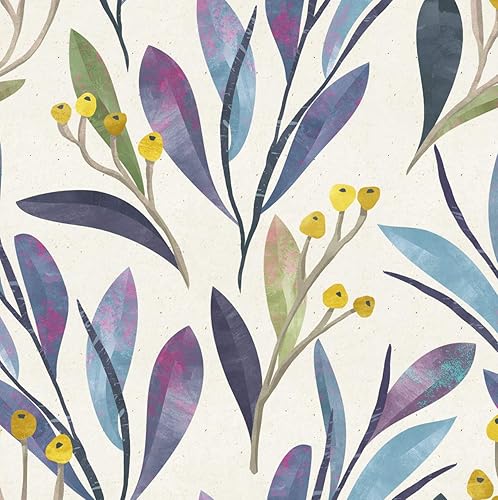 Blooming Wall DPY02 - Papel pintado a mano para despegar y pegar hojas frescas azules y moradas con bayas amarillas, papel tapiz autoadhesivo