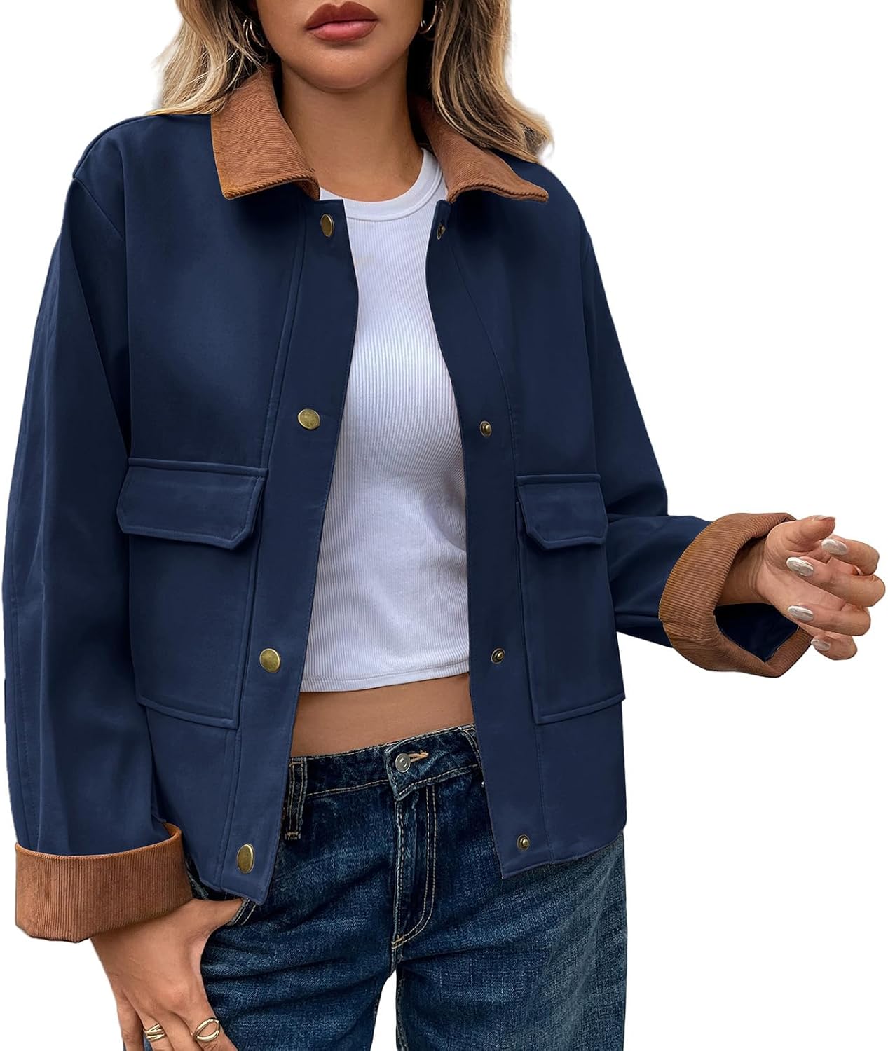 Oymyakon Women Cropped Jacket Contrast Collar Utility Coat Button Down Barn Jacket Fall Casual Cargo Jackets Outwear