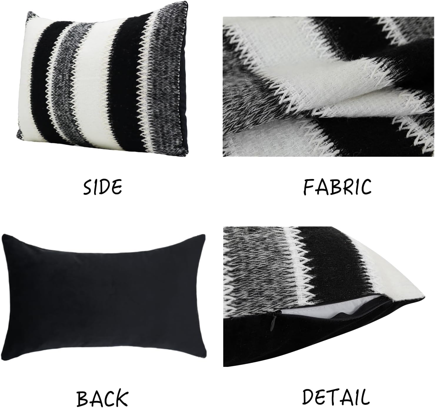 Indoor 2 Pcs 12x20 in Black & White & Gray Soft Vertical Stripes Wool Farmhouse Decorative Throw Pillow Cover Boho Accent Neutral Textured Cushion Case for Living Room Couch Bed Sofa Home