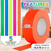 Vista 2 de Paquete de 5 cintas de luz negra – Cinta de neón reactiva a los rayos UV, juego multicolor: verde, rojo, amarillo, rosa y azul, cada rollo mide 16