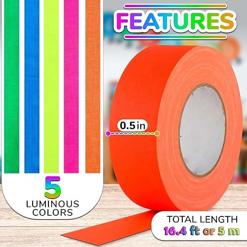 Miniatura 2 de Paquete de 5 cintas de luz negra  Cinta brillante de neón reactiva a los rayos UV de Navidad, juego multicolor verde, rojo, amarillo, rosa y azul,
