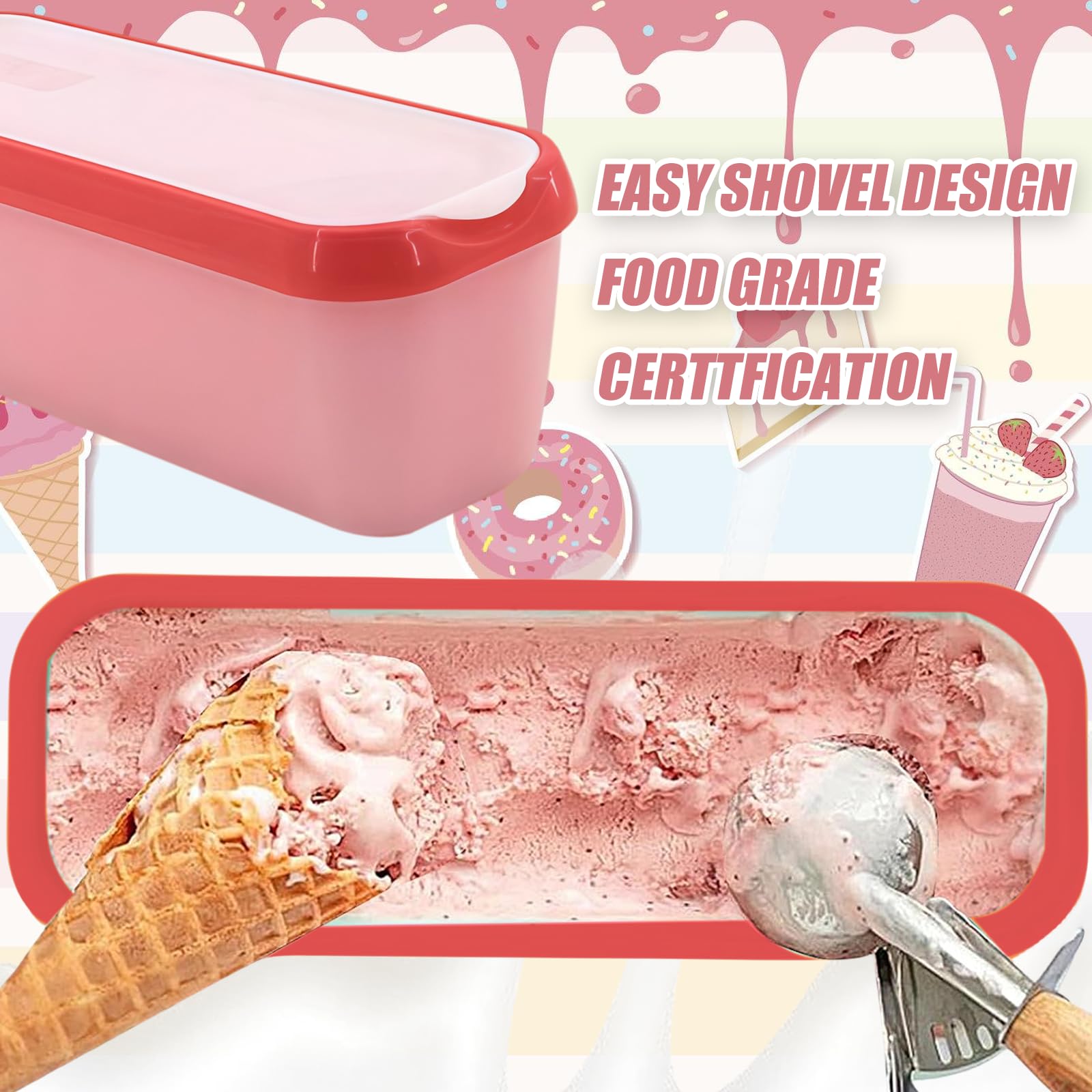 2 Stück Eisbehälter für Speiseeis 1.5L, Aufbewahrungsbehälter für Speiseeis, PP-Material Gefrierdosen 28 * 10 * 9.5cm, Wiederverwendbare Eis-Container mit Deckel (Pink)