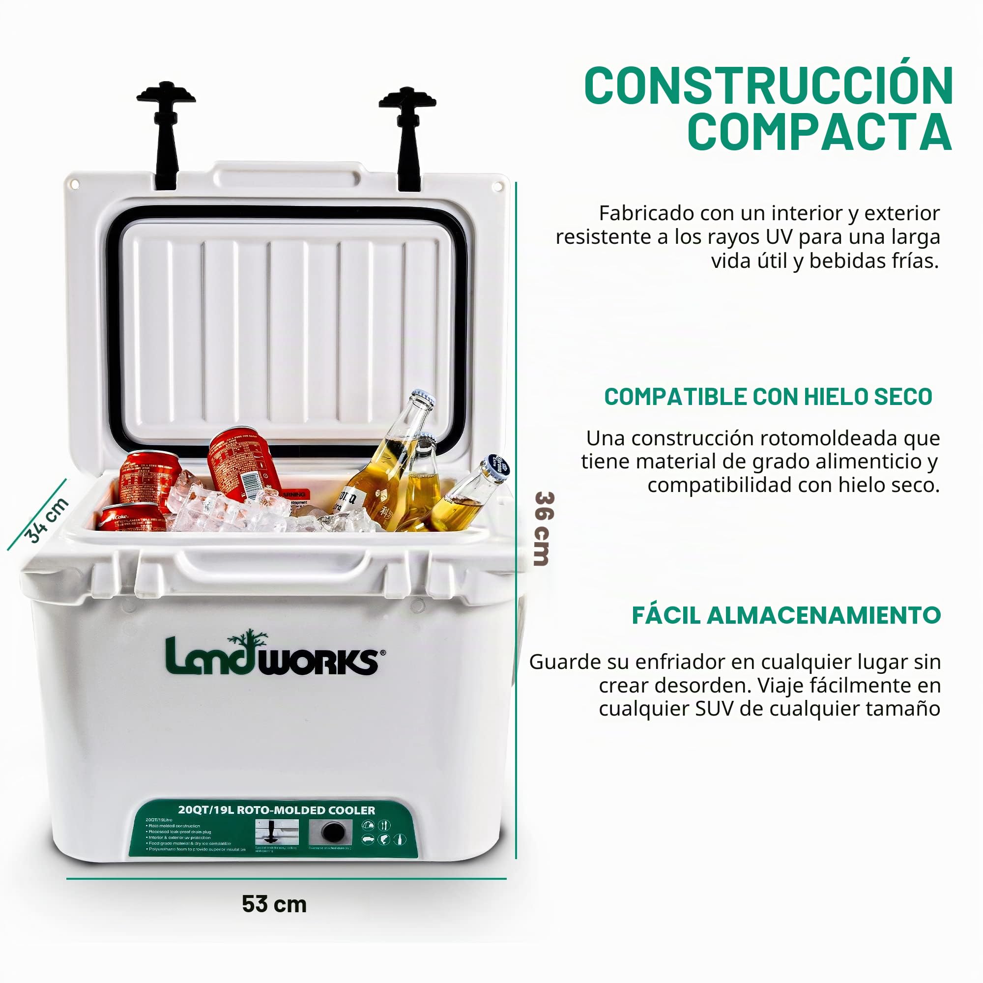 Landworks Enfriador rotomoldeado Mejorado de 20 a 45 Cuartos de galón, retención de Hielo de 5 a 10 días, Compatible con Hielo seco, protección UV, Junta de 15 mm, 2 abridores de Botellas, válvula de