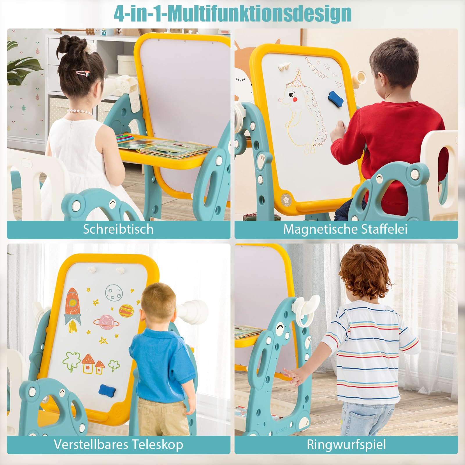 DREAMADE 4 in 1 Kinder Staffelei mit Stuhl, höhenverstellbare Kinderstaffelei mit Stauraum, Whiteboard, Teleskop & Ringwurfspiel, Kindertisch Aktivitätstisch Zeichentisch für Kinder von 1-8 Jahren
