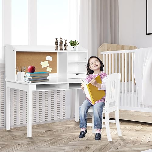 Miniatura 8 de Costzon Juego de escritorio y silla para niños, escritorio de estudio para niños con silla, gabinete, almacenamiento, cajones, estantes, tablero de
