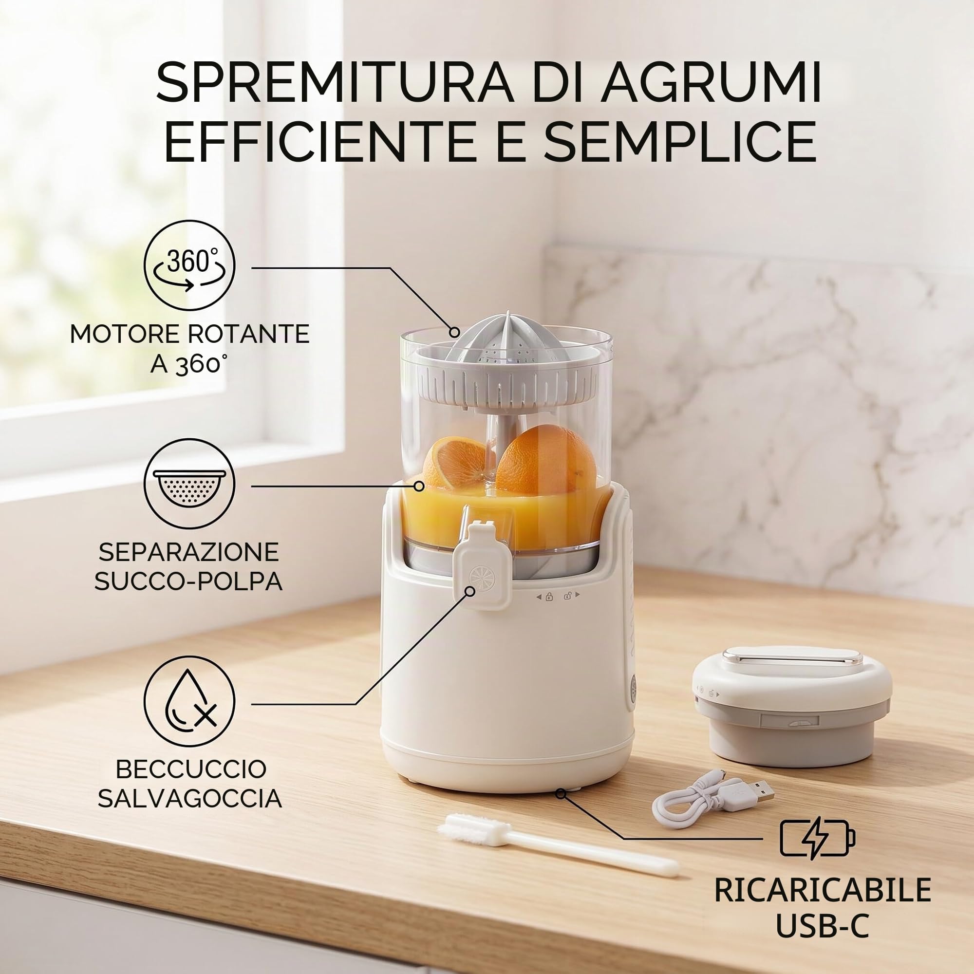 Spremiagrumi Elettrico Ricaricabile USB con Motore a 360 Gradi, Spremiagrumi, Compatto e Pratico, Becchi a Prova di Perdite, Materiali Sicuri, Agrumi, 1500mAh Batteria, Facile da