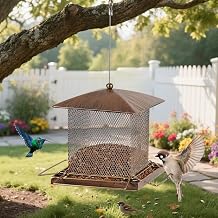 Squirrel Proof Metal Bird Feeder, Outdoor Hanging Bird Feeder with Metal Hook, Large Capacity, Rust-Resistant, Weatherproof Top & Reinforced Base for Backyard Garden Decor