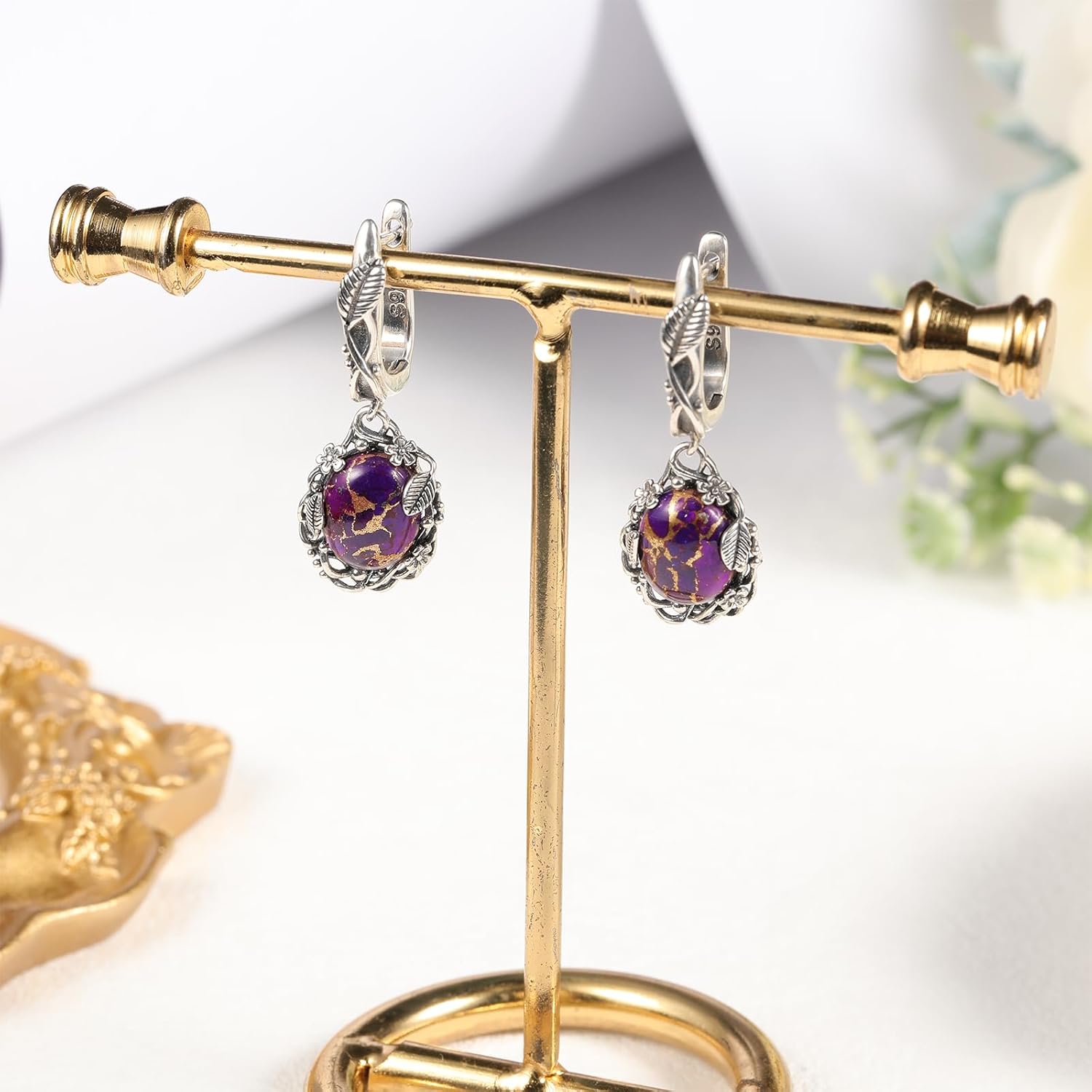 Teal/Blue/Purple Oval Turquoise Dangle Earrings for Women Leaf Vine Flower Latch Back 925 Sterling Silver Earring Vintage Oxidised Boho Turquoise Jewelry Valentines Day Gift for Her