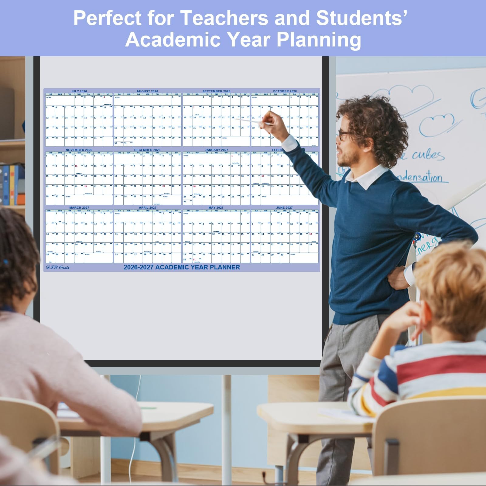 Calendario accademico da parete 2026-2027, luglio 2026-giugno 2027, da luglio 2026 a giugno 2027, piegato cancellabile a secco e bagnato, grande calendario da parete 12 mesi, reversibile verticale