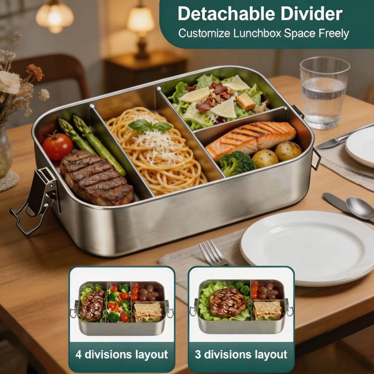Stainless Steel Lunch Box 50oz with 4Compartments, Stainless Steel Bento Box 1500ml, Metal Lunch Box Adults with Sealing Lockable Clips, Snack Containers for Camping Home Office Picnic Dishwasher Safe image 3