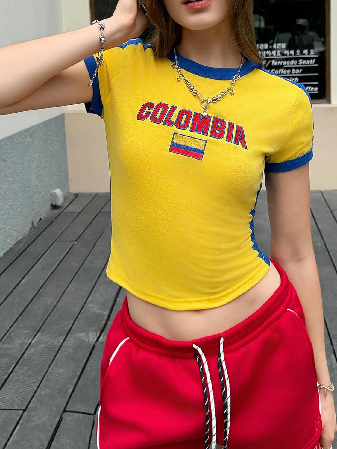 SHENHE Women's Brazil Crop Top Crew Neck Short Sleeve Graphic Tshirt Colorblock Y2K Jersey Shirt - Image 2