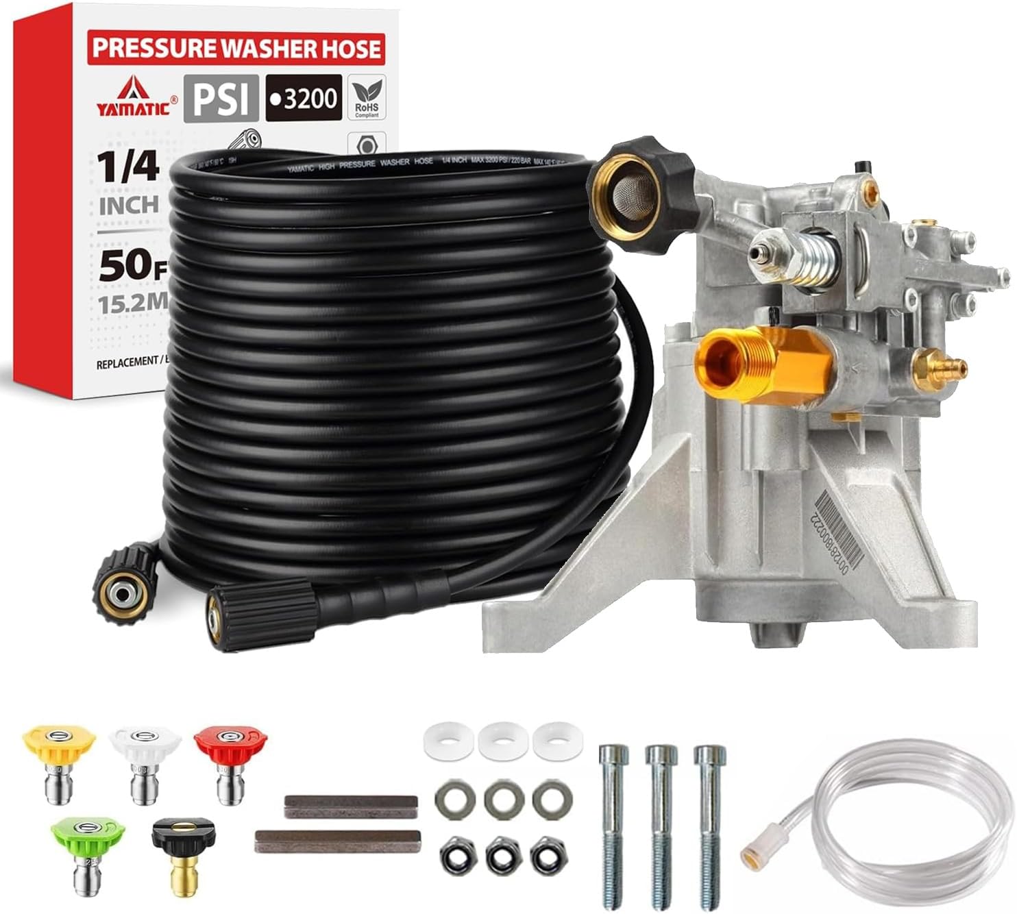 YAMATIC 7/8" Shaft Vertical Pressure Washer Pump 3000 PSI @ 2.5 GPM OEM & Pressure Washer Hose 50 FT 1/4" Kink Free M22-14mm Brass Thread, 3200 PSI