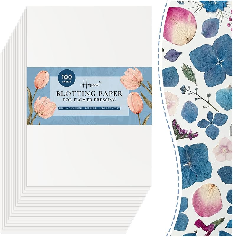 Happinit Papel absorvente branco para prensagem de flores, 20,07 x 26 x 0,25 cm, Pacote com 100 folhas