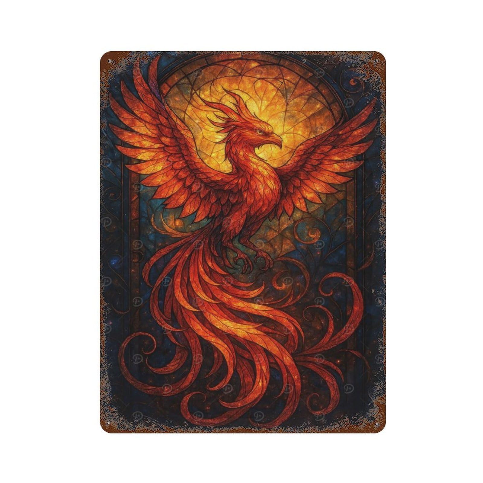 Garage Style Fiery Phoenix Stained Glass Art Vintage Rust Metal Sign 15.7"x11.8", Vintage Wall Decor for Bar And Workshop