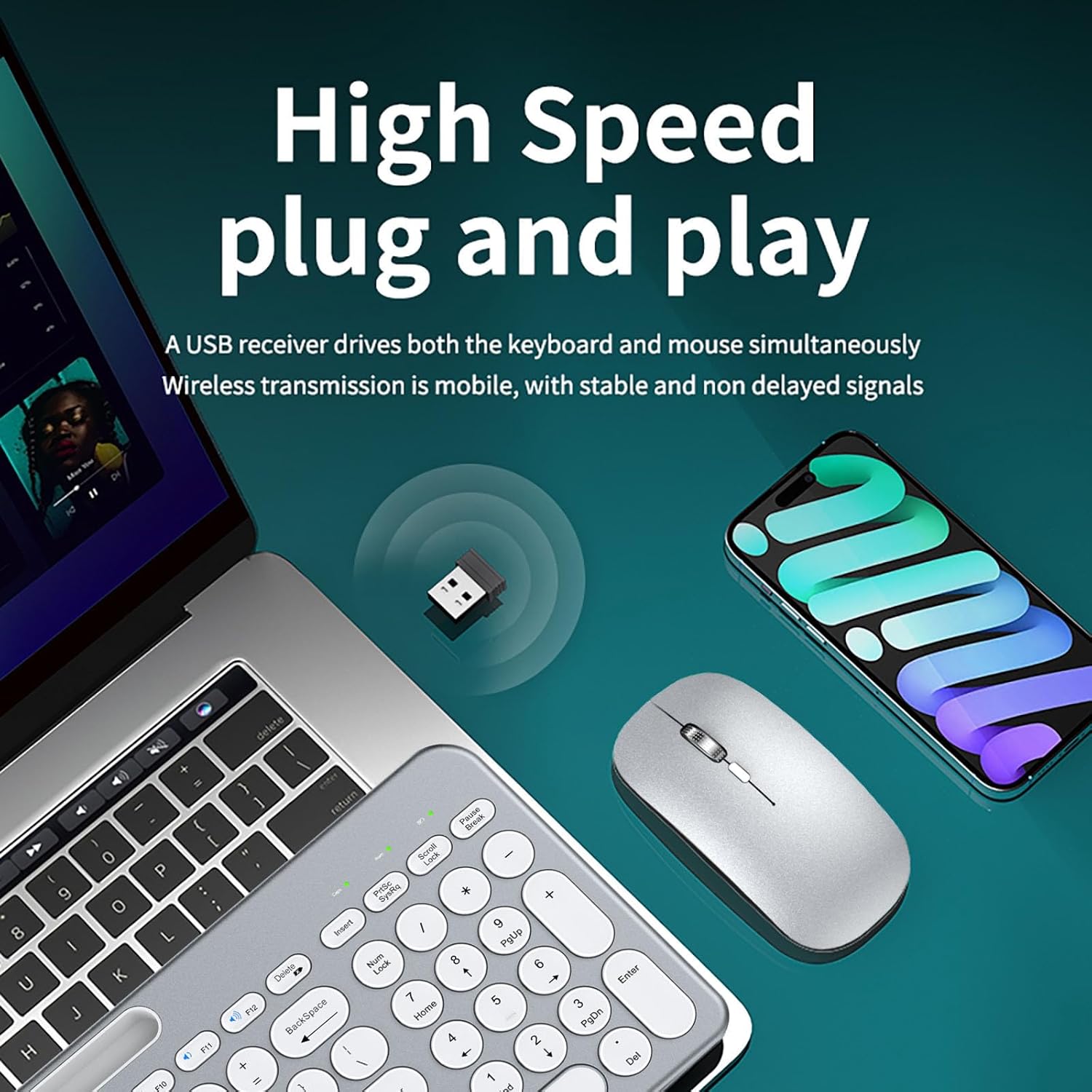 Wireless Keyboard and Mouse Combo with Phone Tablet Holder, Rechargeable Dual-Mode (Bluetooth 5.0 and 3.0 +2.4G) Multi-Device Silent Mouse for Windows, iPad, Tablet, MacOS,iOS,Android (Silver White)