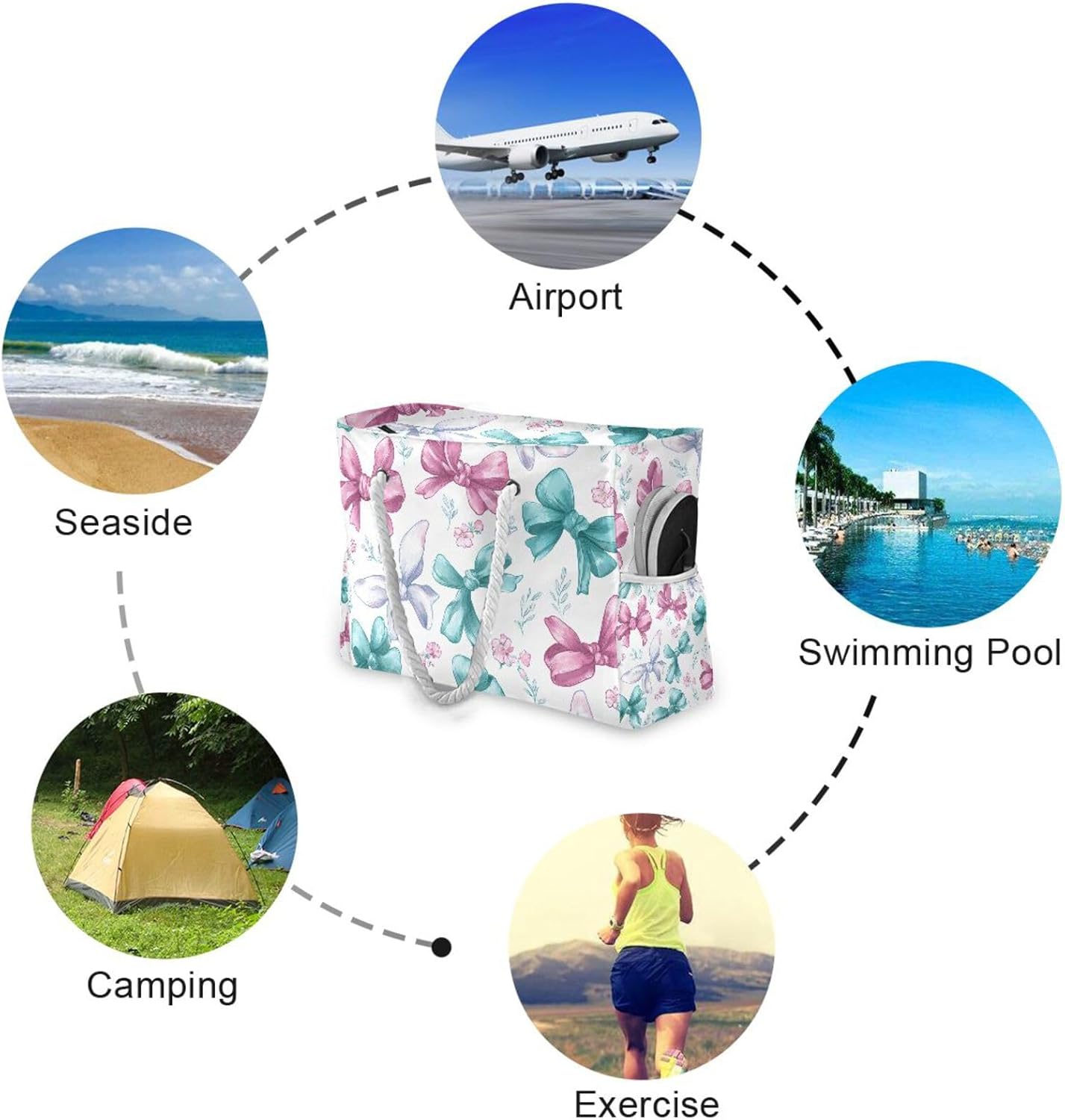 OTVEE Watercolor Bow with Floral Beach Bags for Women Ladies Large Canvas Tote Shoulder Bag Waterproof Travel Bags for Gym Swim Pool Camping