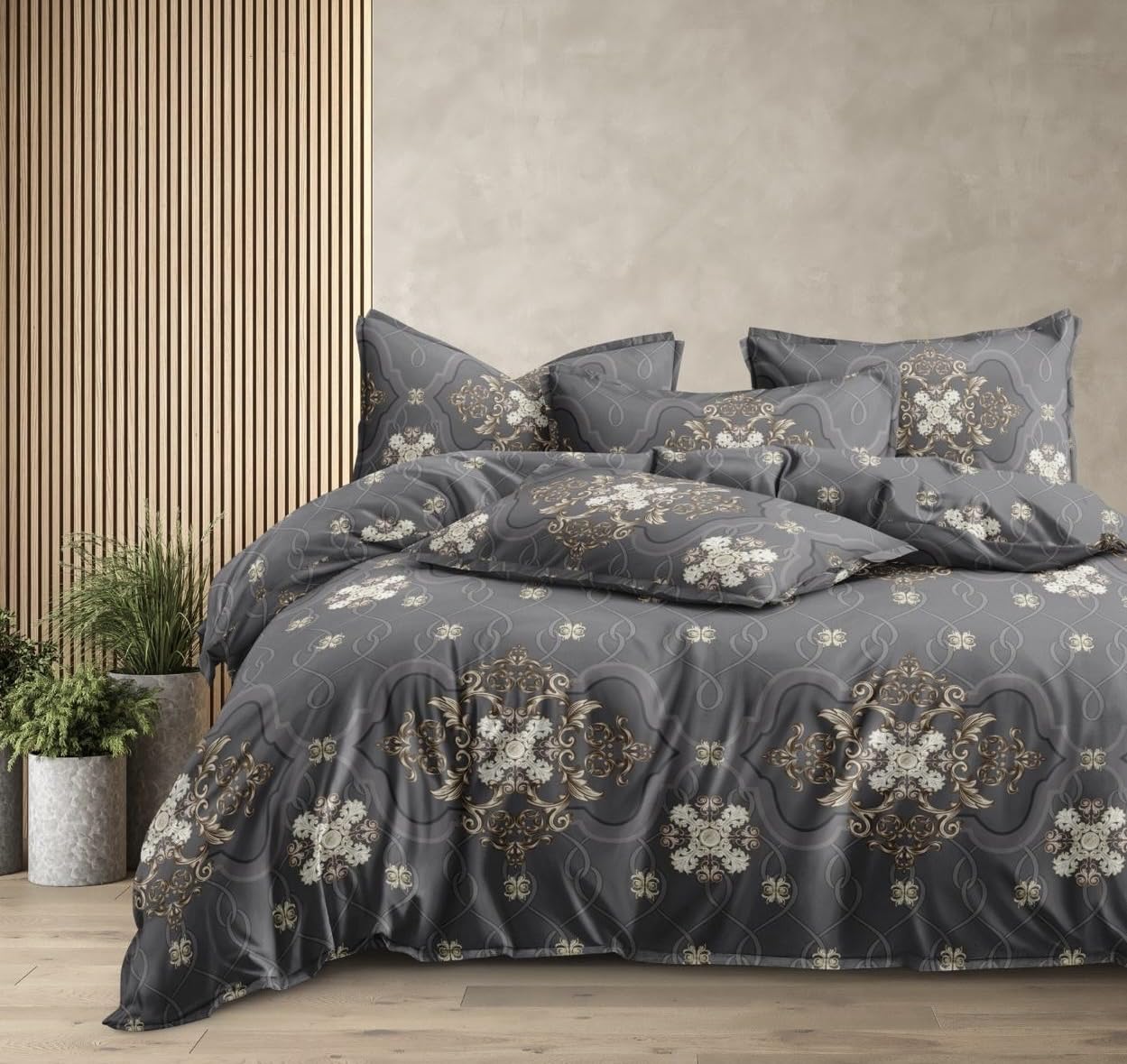 Furnistitchs King Size Glace Cotton Elastic Fitted Bedsheet with 2 Pillow Covers - Elastic Bedsheets for Double Bed 72 x 78 (Grey Crown, King Size 72x78) (B0D7CTSPJ8) Amazon Price History, Amazon Price Tracker
