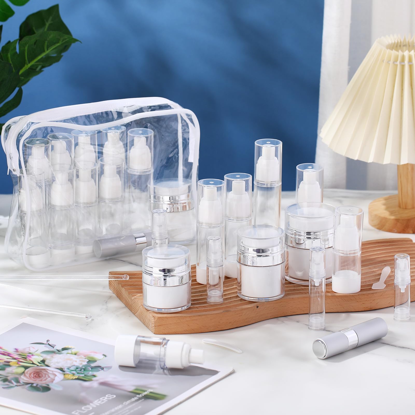 Meanplan Airless-Pumpdosen-Set, 43 Stück, 48,2/28,3/19,8/14,2/9,64/4,82 g, transparente Hautpflegebehälter mit Etikettenbeutel, nachfüllbar, Make-up, Hautpflege, Reisegröße, leere Flaschen für