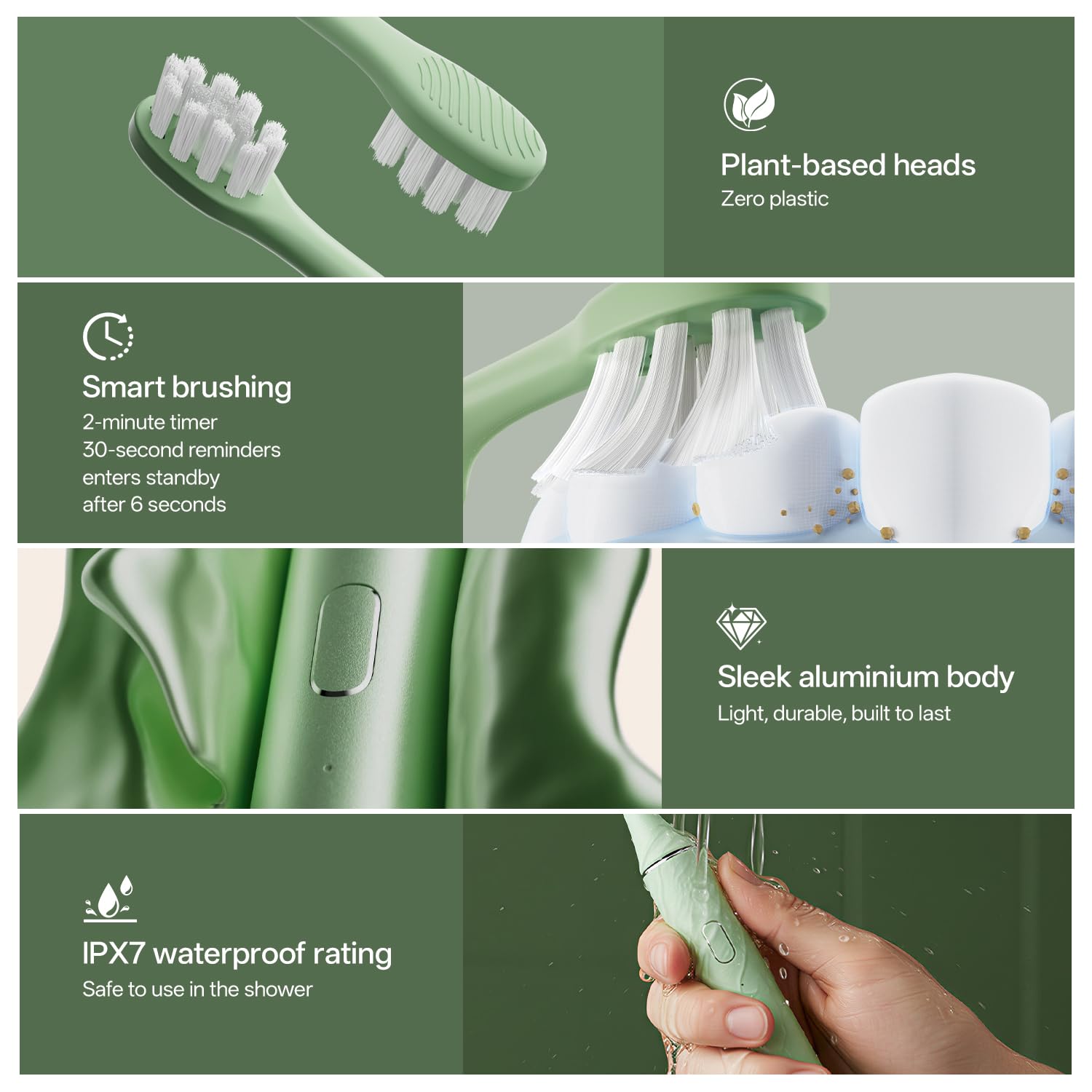 ODAY Sonic Spazzolino Elettrico per Adulti con Porta Spazzolino Da Parete e 4 Testine, Ricarica Wireless, Impermeabile IPX7, 1 Mese+Batteria, Verde
