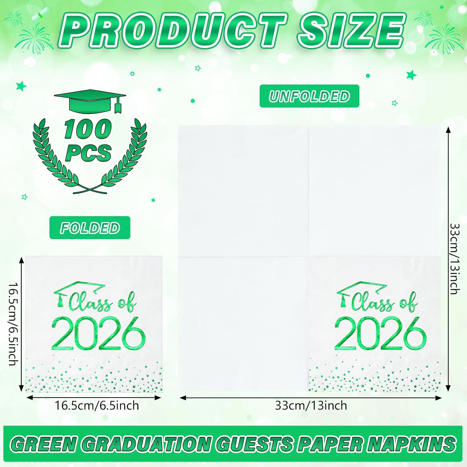 100Pcs Class of 2026 Graduation Napkins, Disposable Congrats Grad Paper Cocktail Napkins Square Foil Dot Hand Towels for 2026 School University College Graduation Party Decorations（White Green）