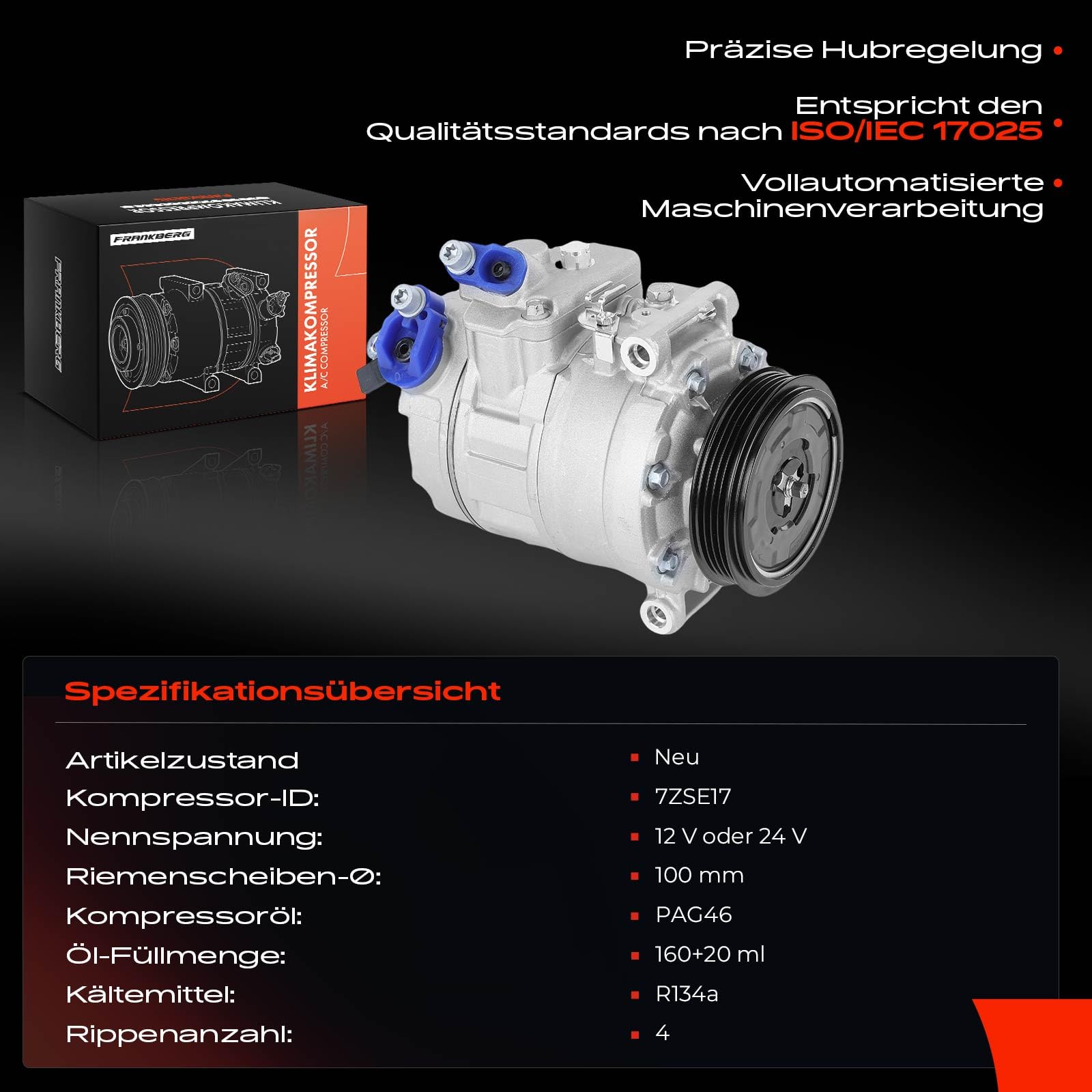 Frankberg Klimaanlagen Kompressor mit Kupplung Kompatibel mit 5er E60 5er Tourng E61 7er E65/E66/E67 Replace# 64509174802, Öl vorbereift