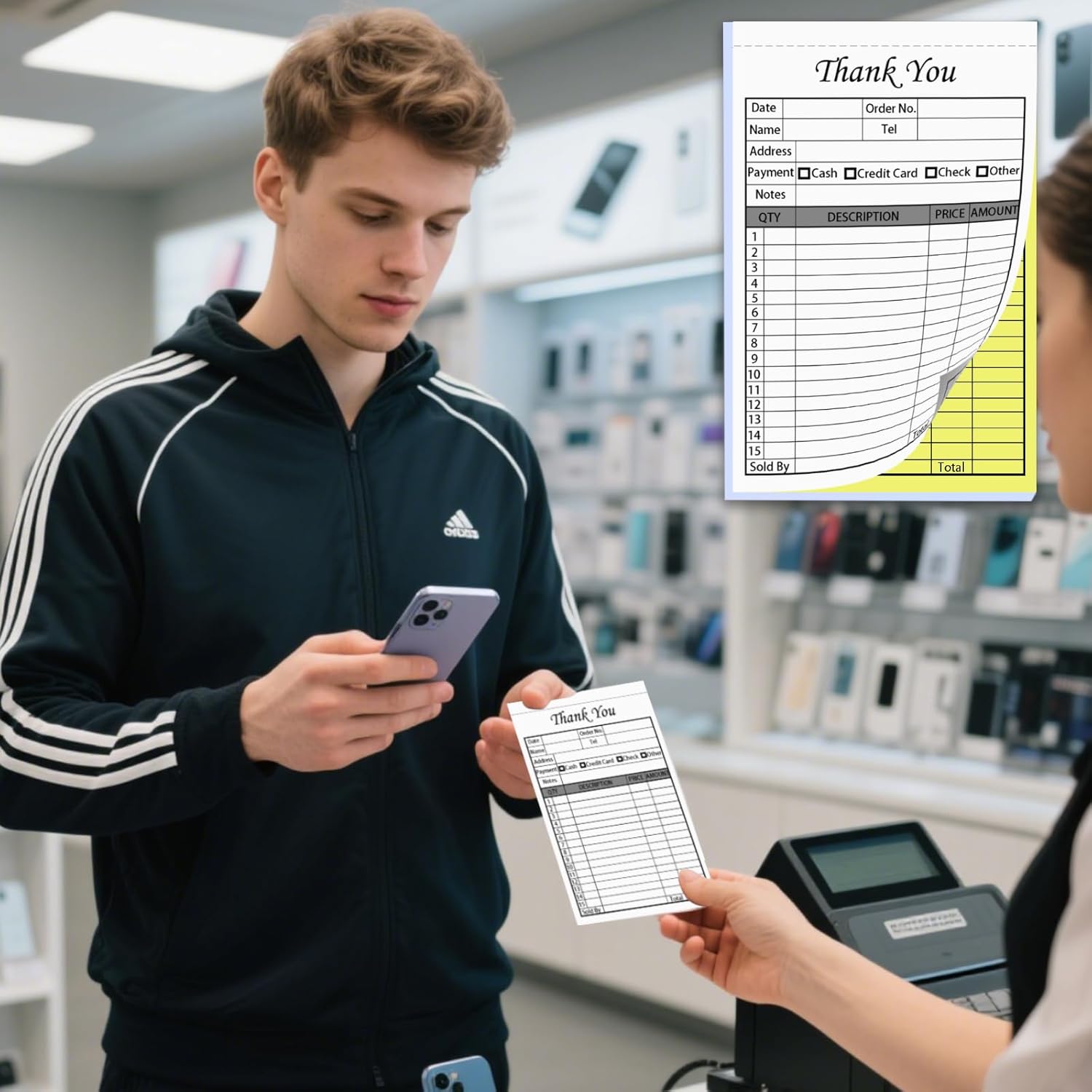 50 Sets Thank You Receipt Book with Carbonless Copies, 5.5 x 8.3 in Invoice Receipt Book for Small Business - White/Yellow 2 pk